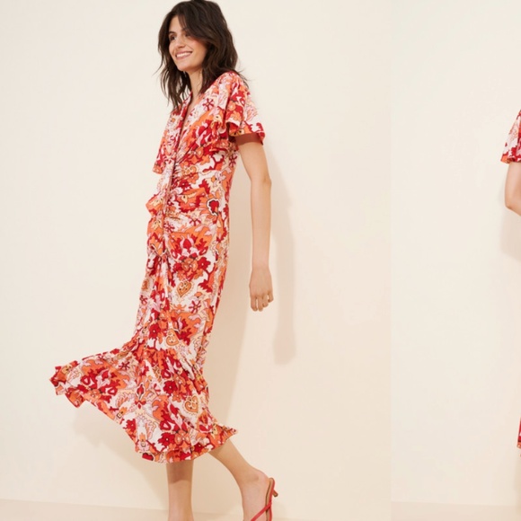 Cinq a Sept Peeta Ruched Damask Midi Dress pink poppy multi size 6 - Picture 1 of 9